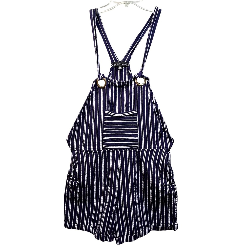 Derek Heart Navy Blue White Striped Shortall Romper XL Adjustable Tie Straps